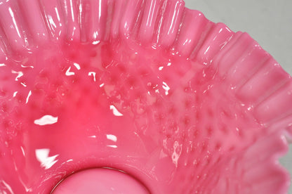 Vintage Pink & White Hobnail Cased Glass Candy Dish Ruffled Bowl Brides Basket