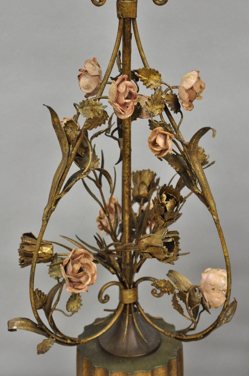 Italian Hollywood Regency Gold Gilt Iron Metal Pink Rose Tall Table Lamps Pair