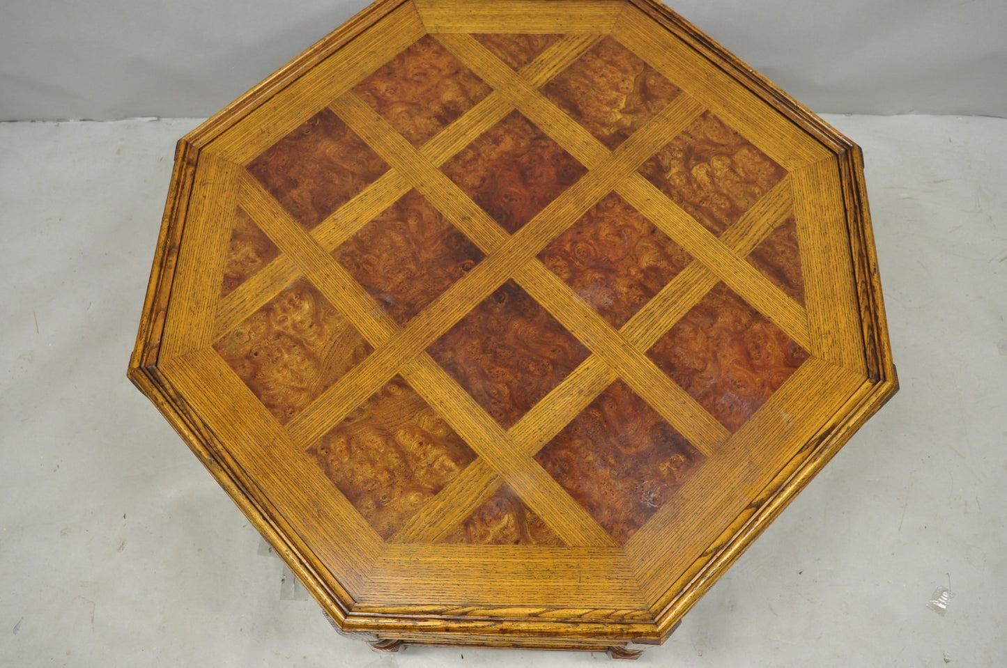 Vintage Baker Barley Twist Oak & Burlwood Parquetry Octagonal Coffee Table