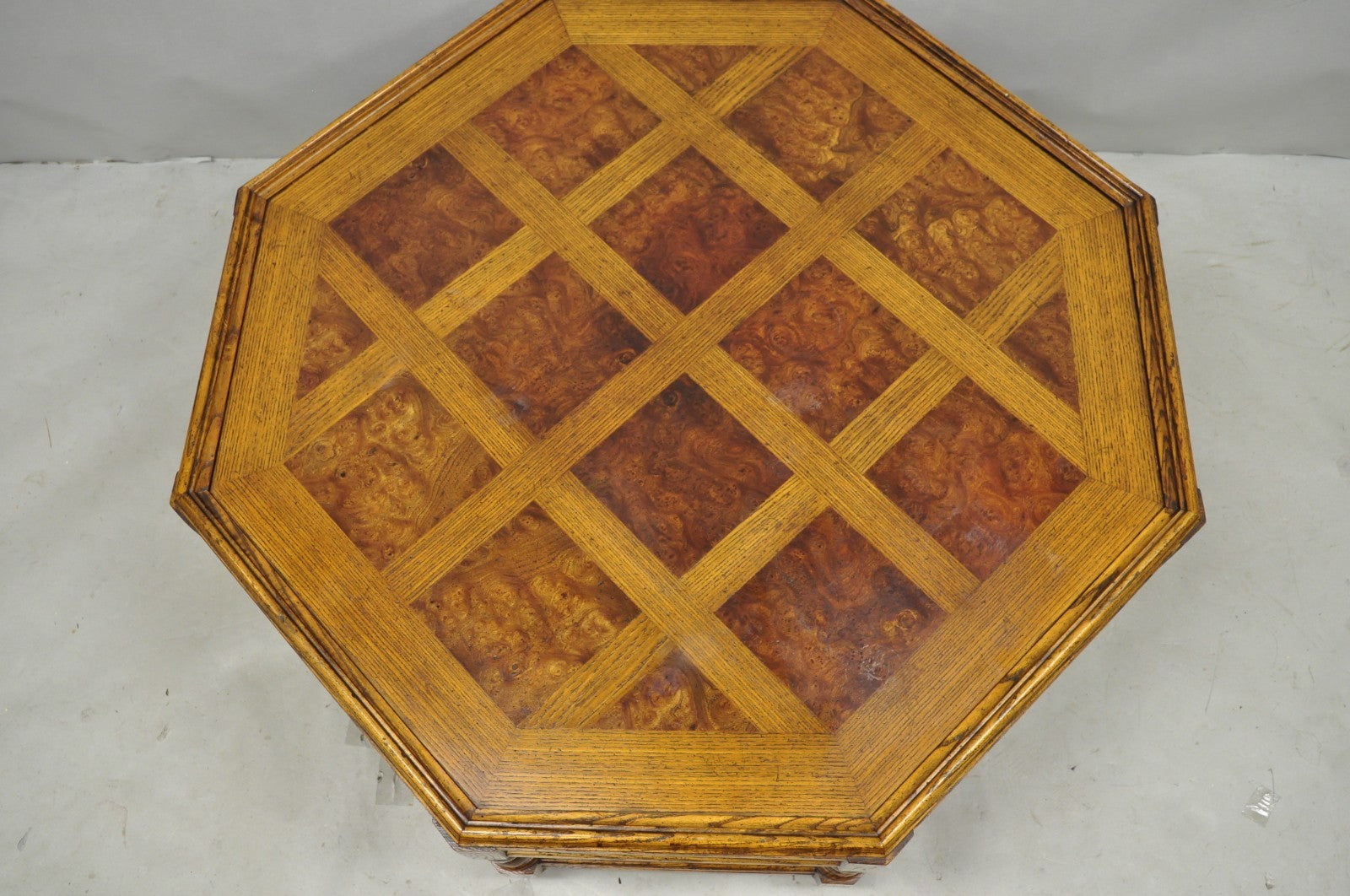 Vintage Baker Barley Twist Oak & Burlwood Parquetry Octagonal Coffee Table