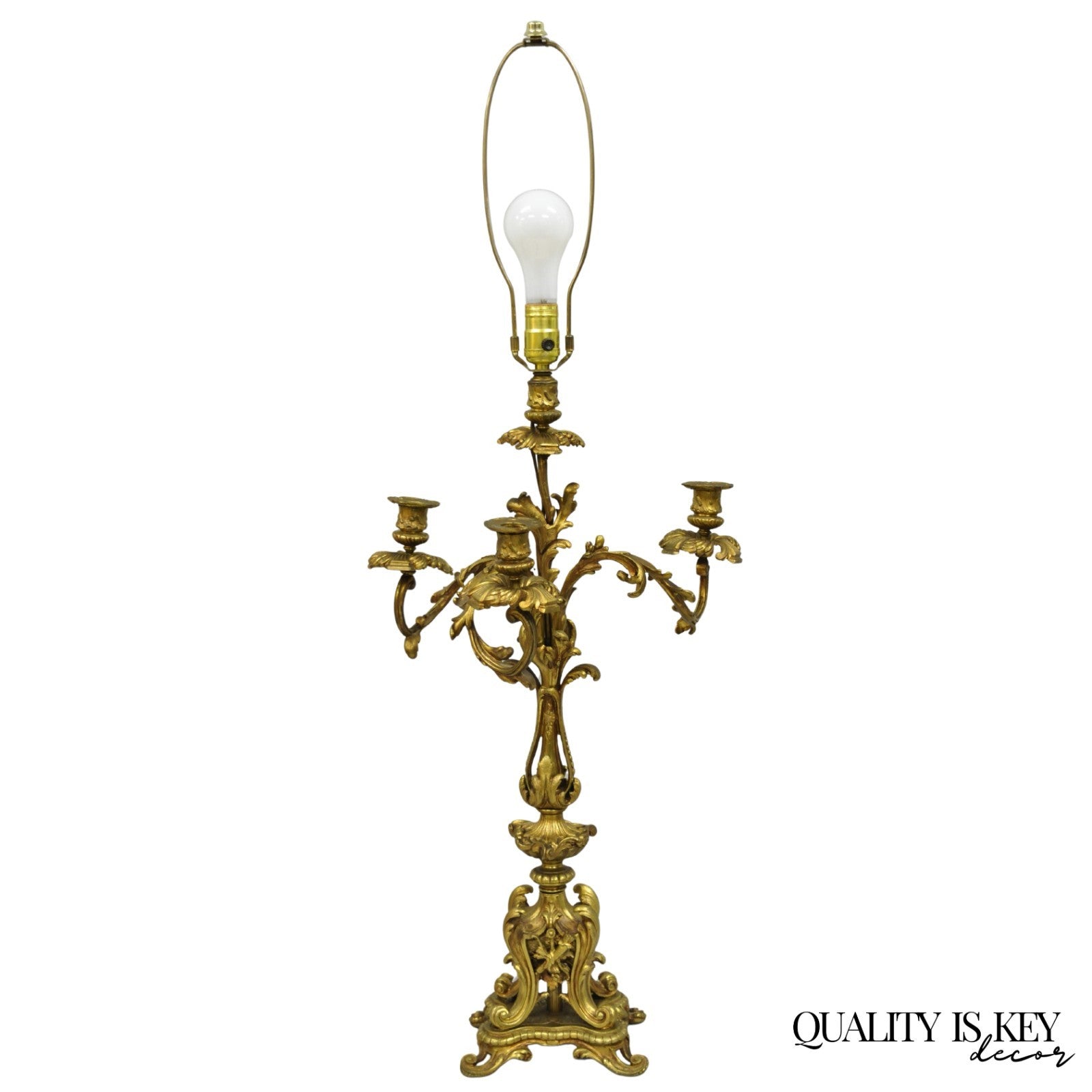 Antique French Rococo Baroque Gold Bronze Leafy Scroll Candelabra Table Lamp
