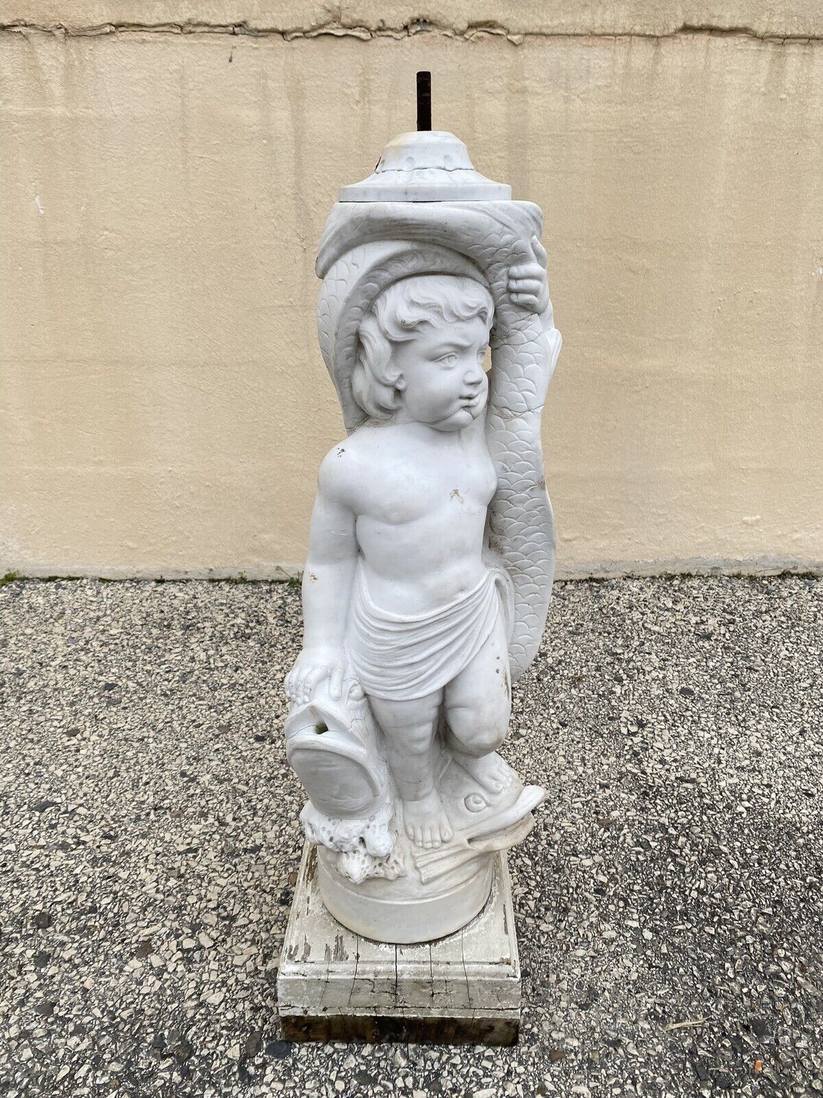 Italian Classical Carved Marble 31" Cherub Dolphin Garden Fountain Statue