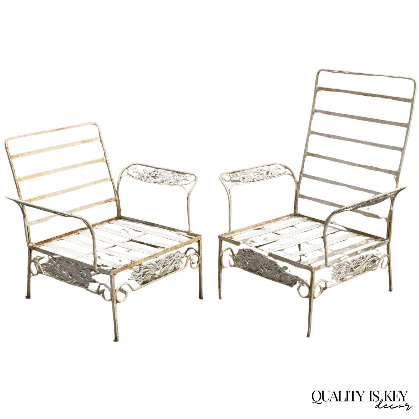 Vintage Russell Woodard "Kissing Birds" Wrought Iron Patio Lounge Chair - Pair