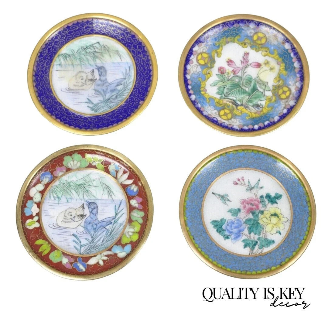 Vintage Chinoiserie Brass Enamel Cloisonne Small Trinket Dish - Set of 4