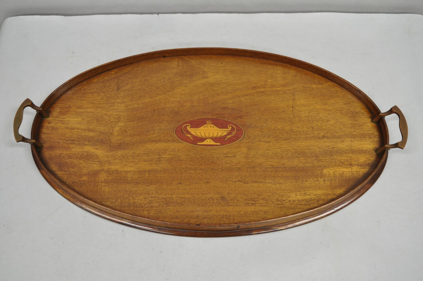 Antique English Edwardian Oval Mahogany Butlers Bar Serving Tray with Urn Inlay