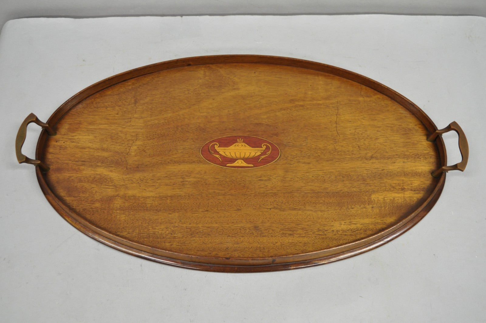 Antique English Edwardian Oval Mahogany Butlers Bar Serving Tray with Urn Inlay