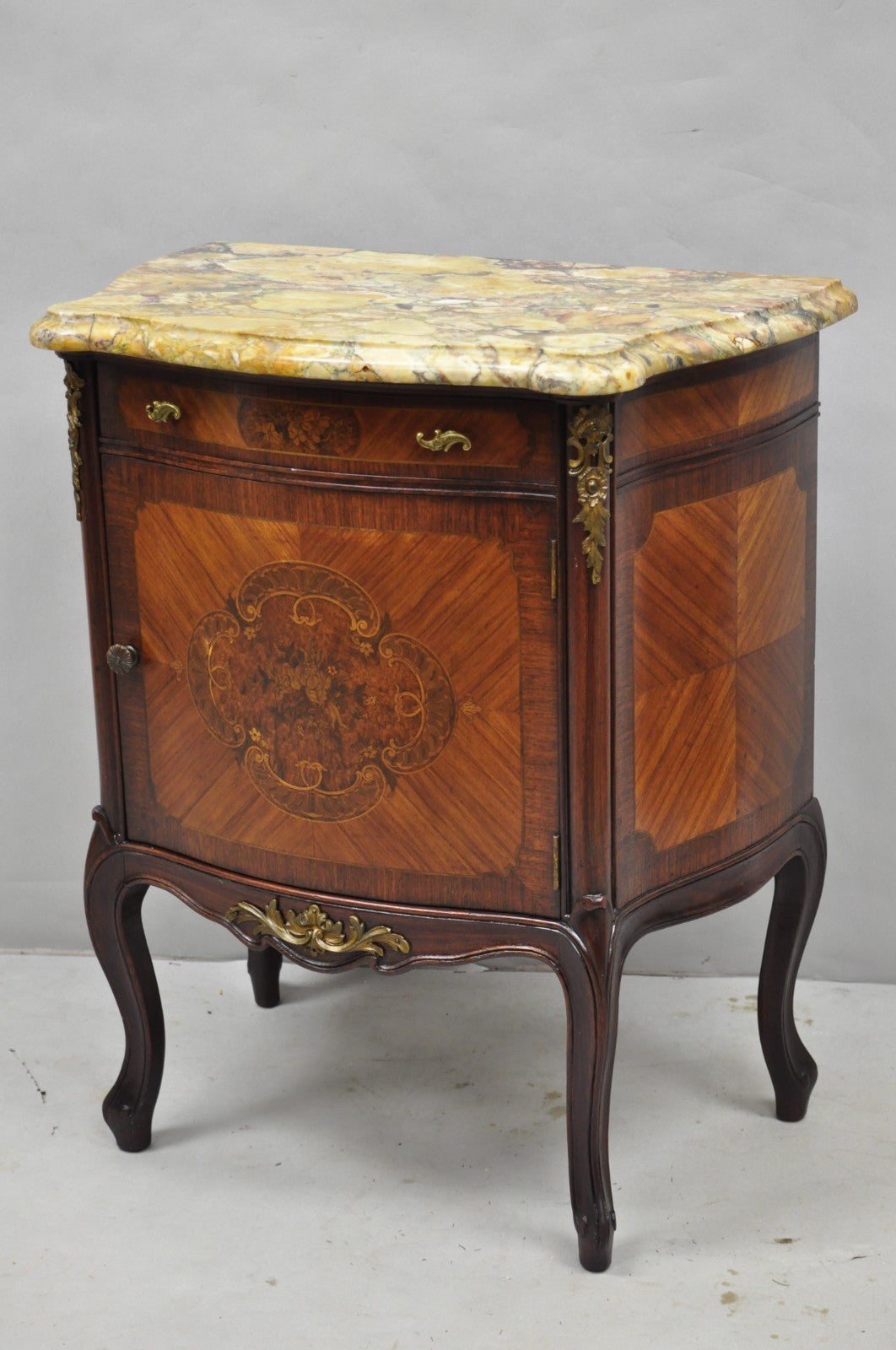 Antique French Louis XV Style Marble Top Satinwood Inlay Bombe Nightstand Table