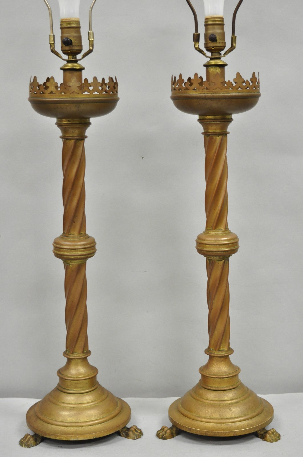 Antique English Renaissance Gothic Patinated Brass Candlestick Table Lamps Pair