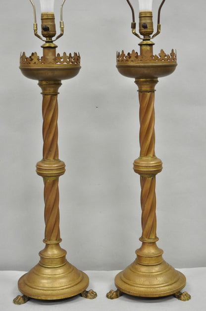 Antique English Renaissance Gothic Patinated Brass Candlestick Table Lamps Pair