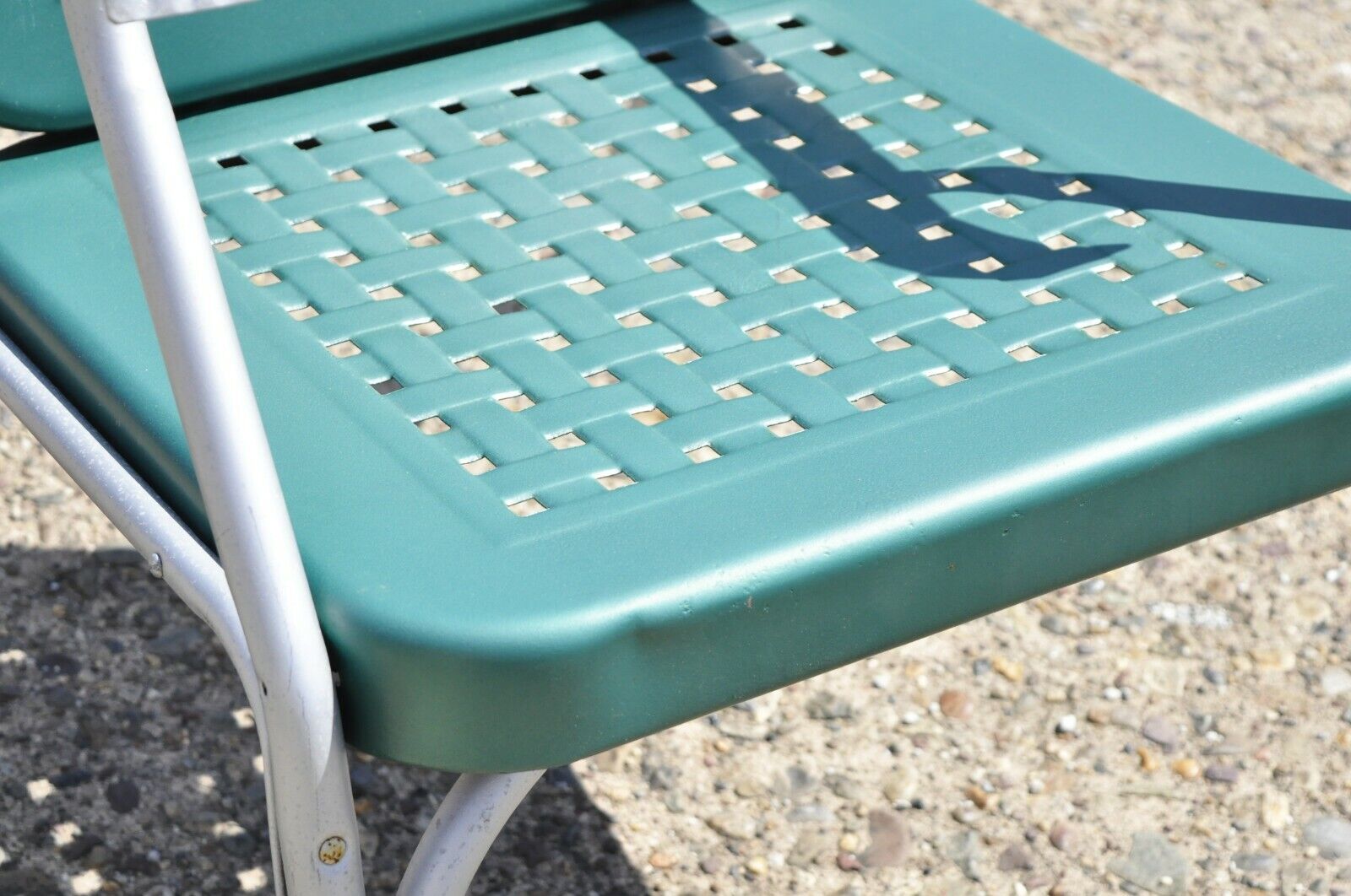 Vintage Green Metal Aluminum Basket Weave Patio Porch Outdoor Arm Chair
