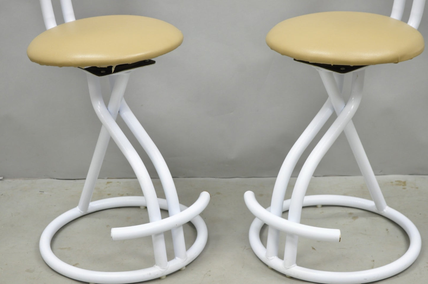 Vintage Postmodern Memphis Style White Tubular Metal Swivel Bar Stools  - a Pair