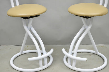 Vintage Postmodern Memphis Style White Tubular Metal Swivel Bar Stools  - a Pair