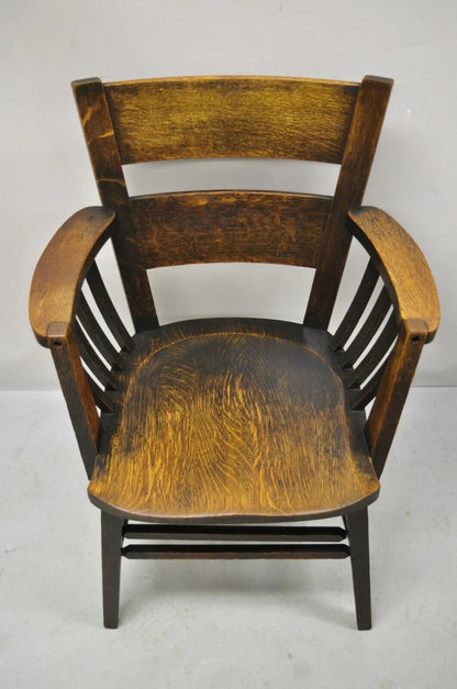 Antique Arts & Crafts Mission Oak Bowed Spindle Plank Seat School Arm Chair