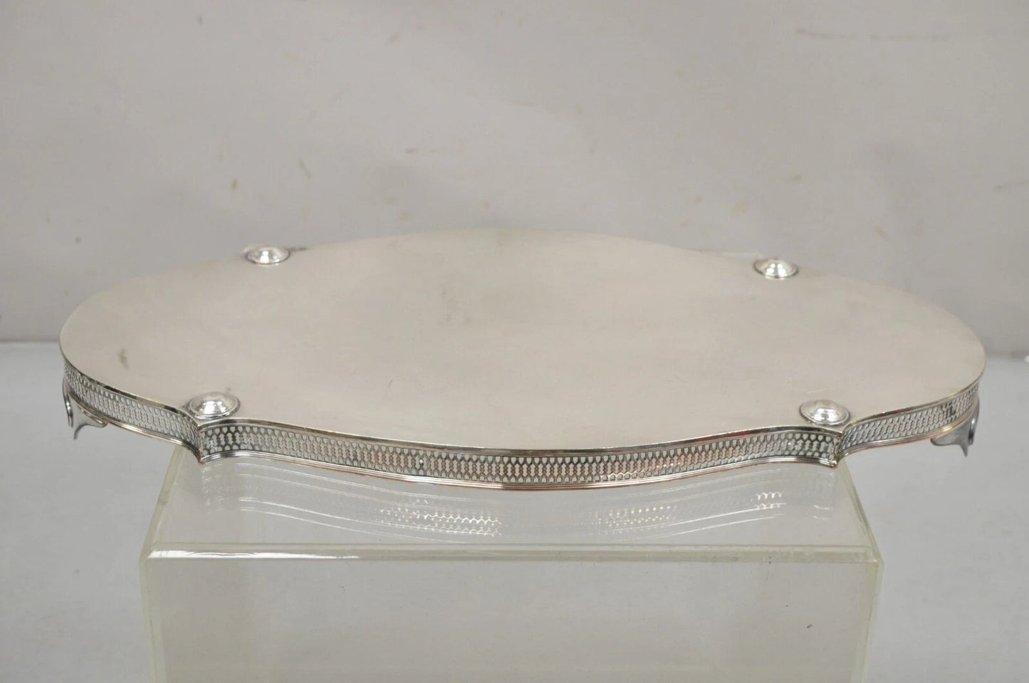 Vintage English LBS Co 982 Silver Plated Scalloped Oval Pierced Gallery Tray