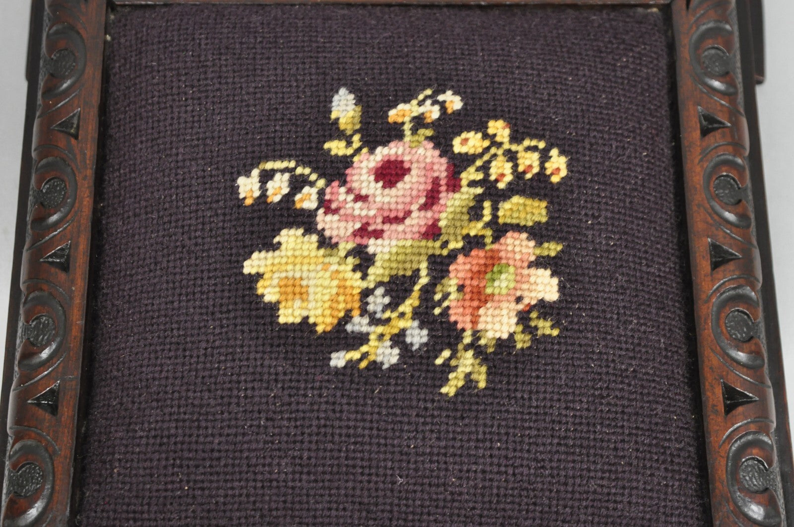 Antique Victorian Carved Solid Mahogany Floral Needlepoint Low Footstool Ottoman