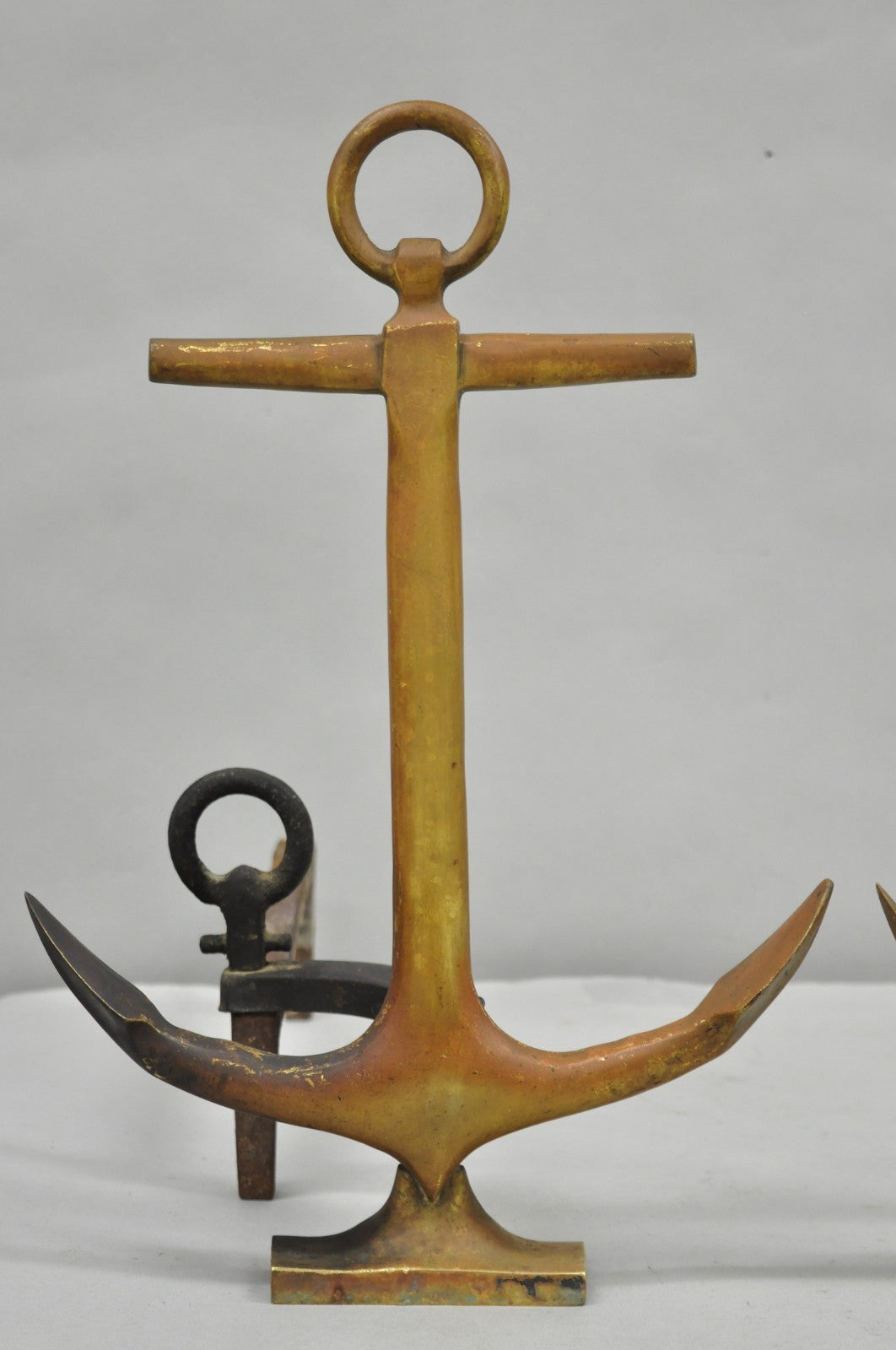 Antique Nautical Figural Ship Anchor Brass Fireplace Andirons w/ Patina - a Pair