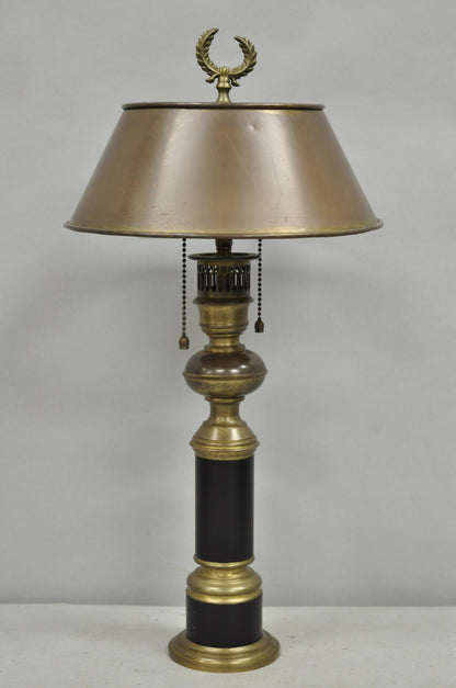 Vintage French Empire Burnished Brass Small Bouillotte Black Column Table Lamp