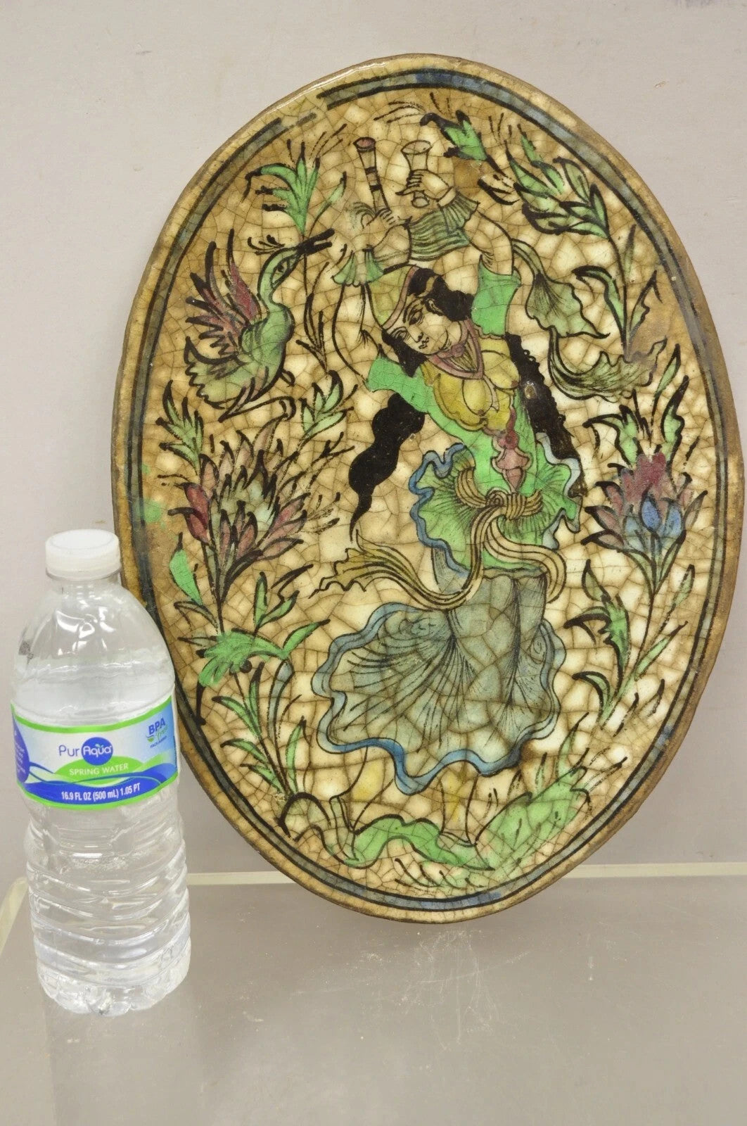 Antique Persian Iznik Qajar Style Ceramic Pottery Oval Tile Dancing Woman C3
