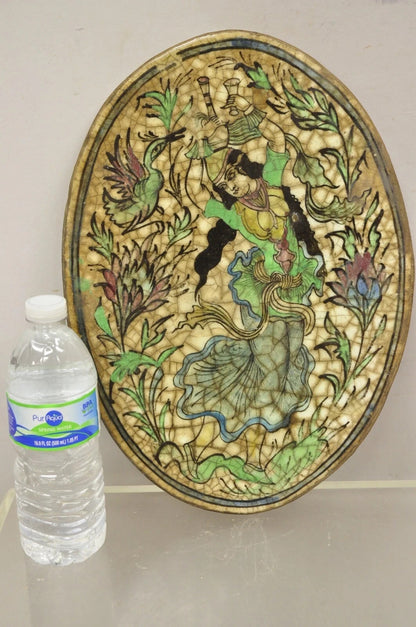 Antique Persian Iznik Qajar Style Ceramic Pottery Oval Tile Dancing Woman C3