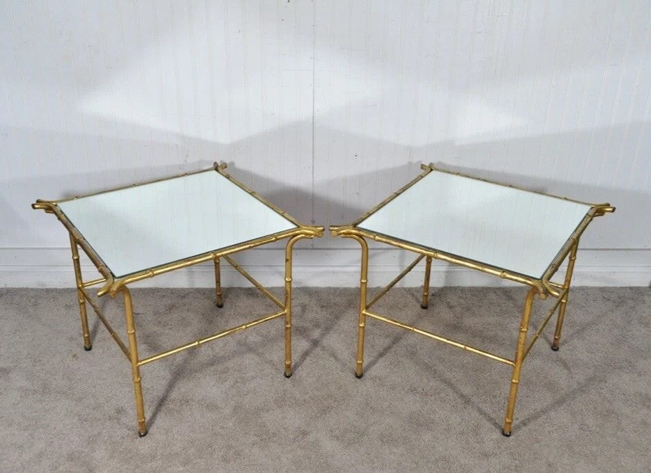 Vintage Italian Hollywood Regency Faux Bamboo Gold Mirror Low Side Tables - Pair