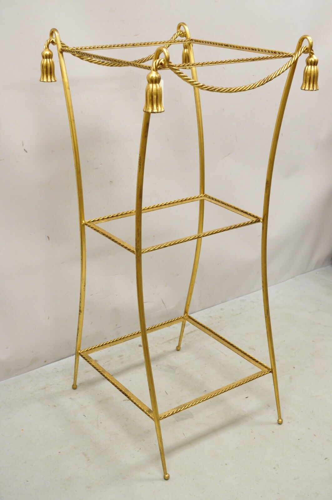 Italian Hollywood Regency Iron Rope Tassel Gold 3 Tier Display Stand Pedestal