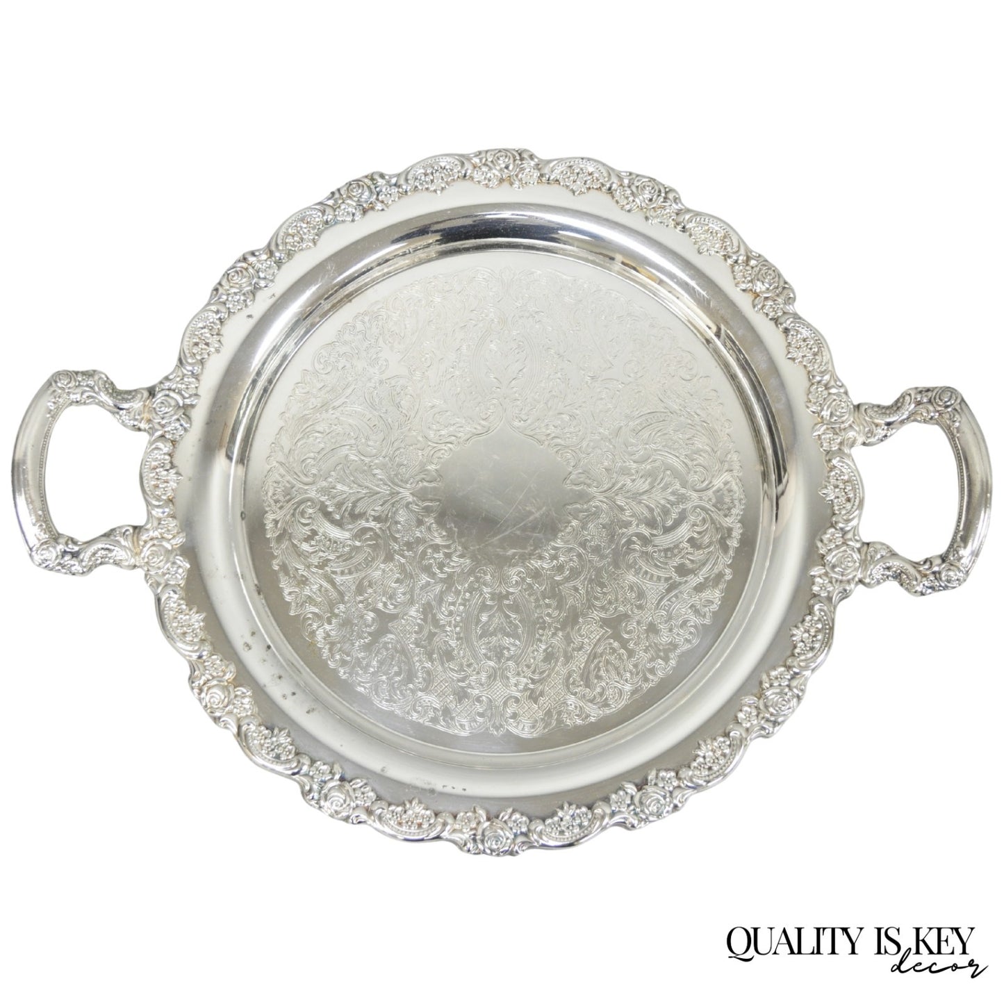 Vintage Oneida Silver Plated Round Twin Handle Serving Platter Bar Tray