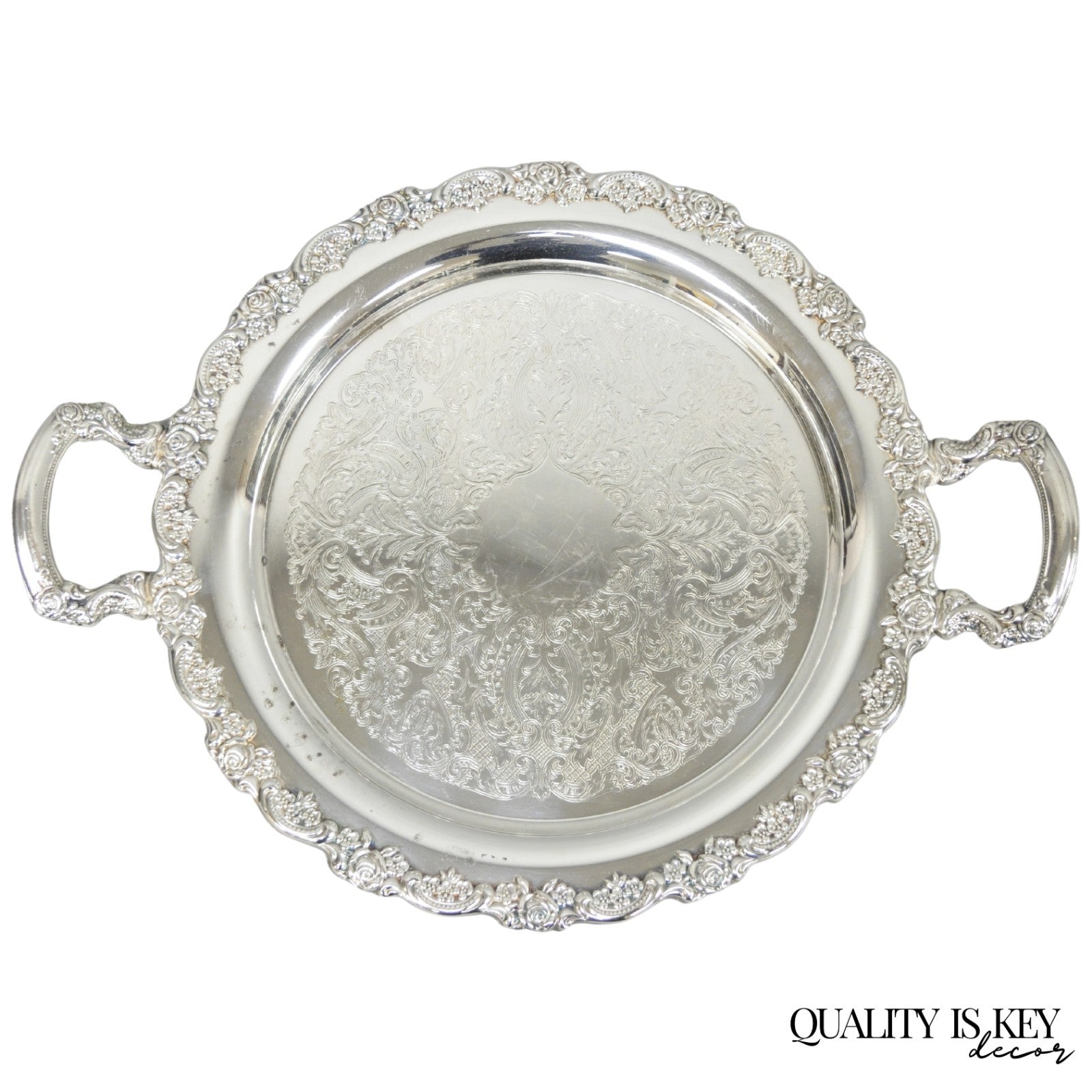 Vintage Oneida Silver Plated Round Twin Handle Serving Platter Bar Tray