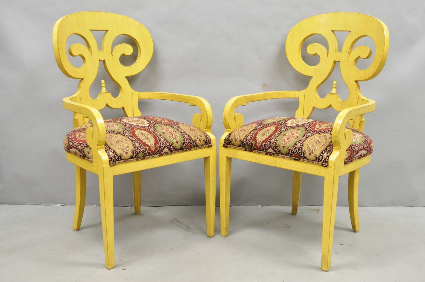 Contemporary Regency Style Red Green Yellow Scroll Back Dining Chairs - Set of 8