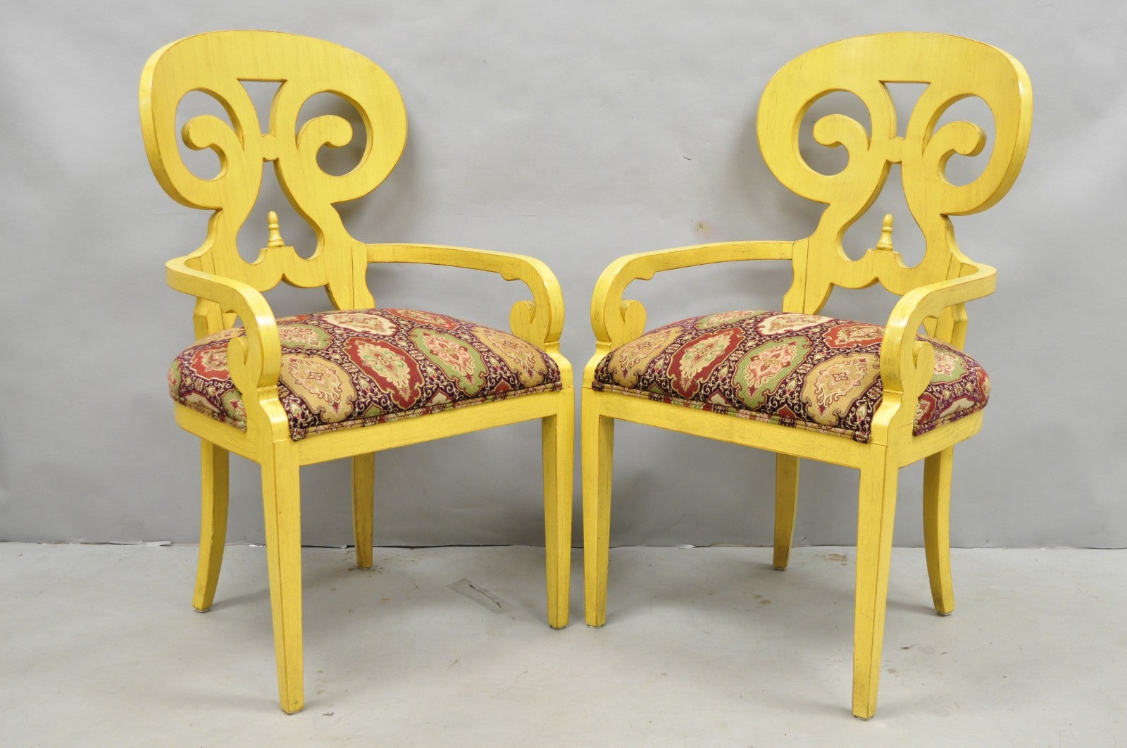 Contemporary Regency Style Red Green Yellow Scroll Back Dining Chairs - Set of 8