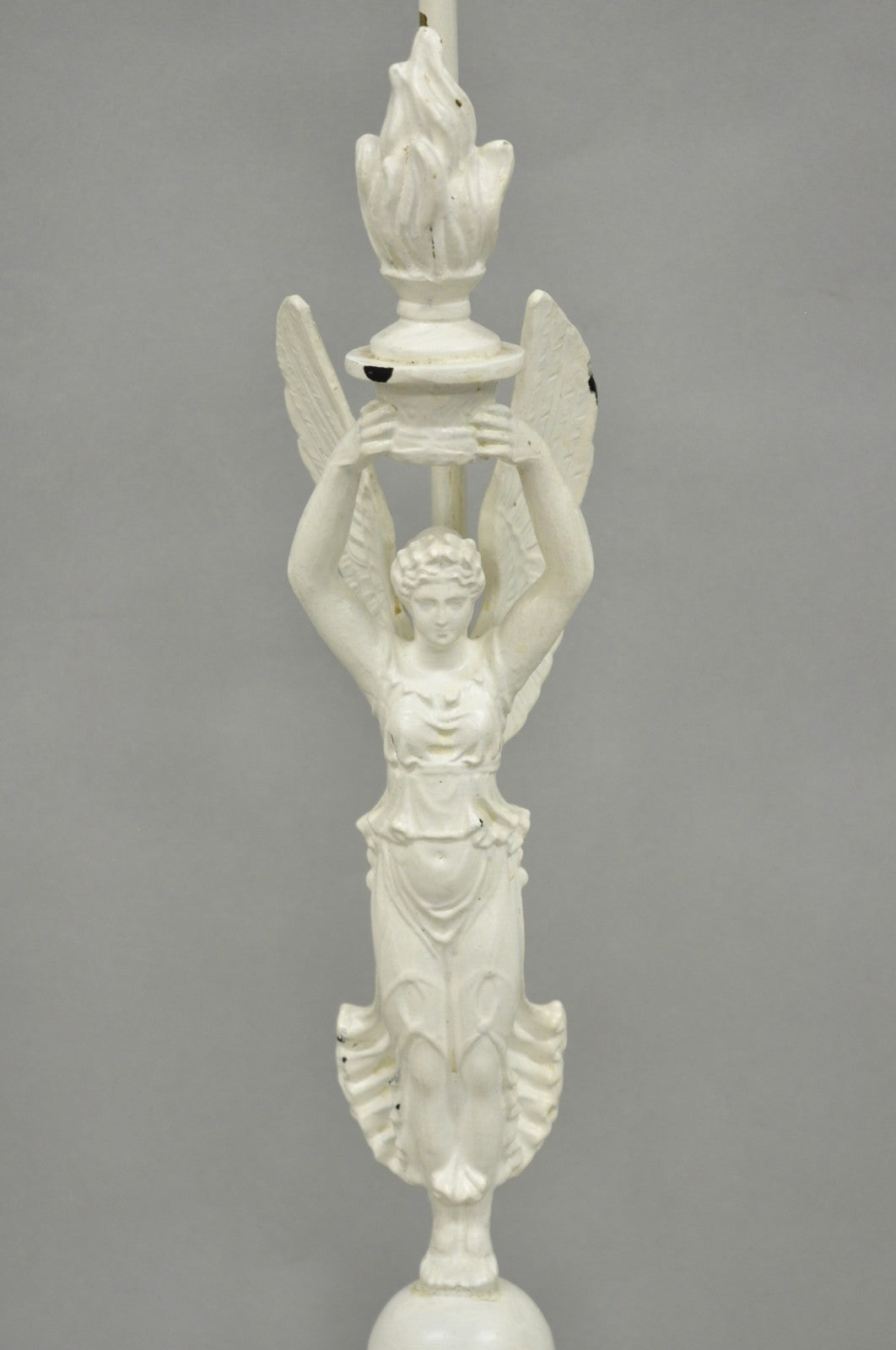 Antique French Neoclassical Metal Figural Winged Maiden Flame White Table Lamp