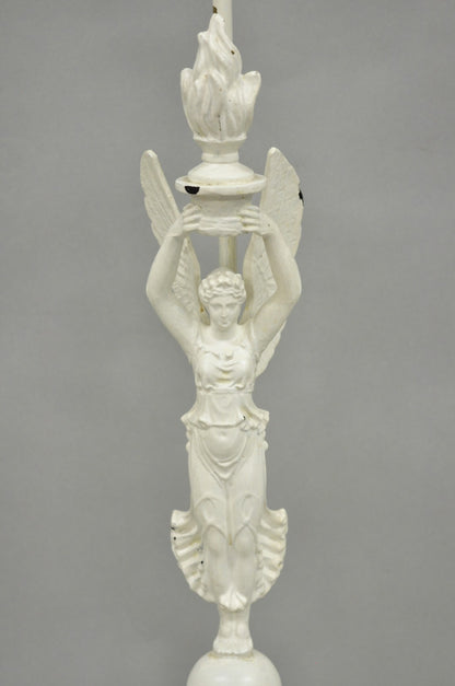 Antique French Neoclassical Metal Figural Winged Maiden Flame White Table Lamp