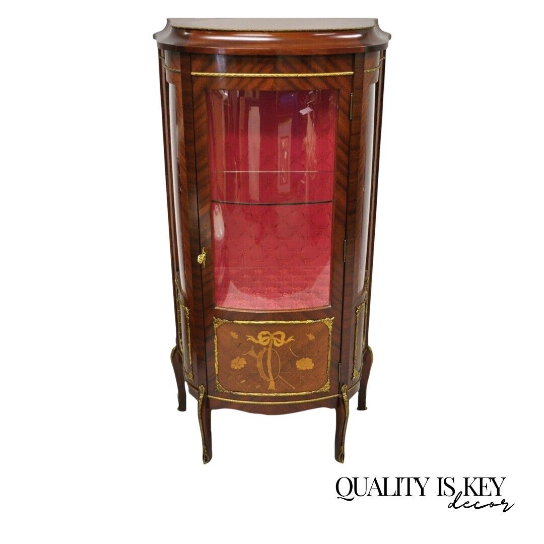 French Louis XV Style Small Curio Display Cabinet Bowed Glass and Inlay