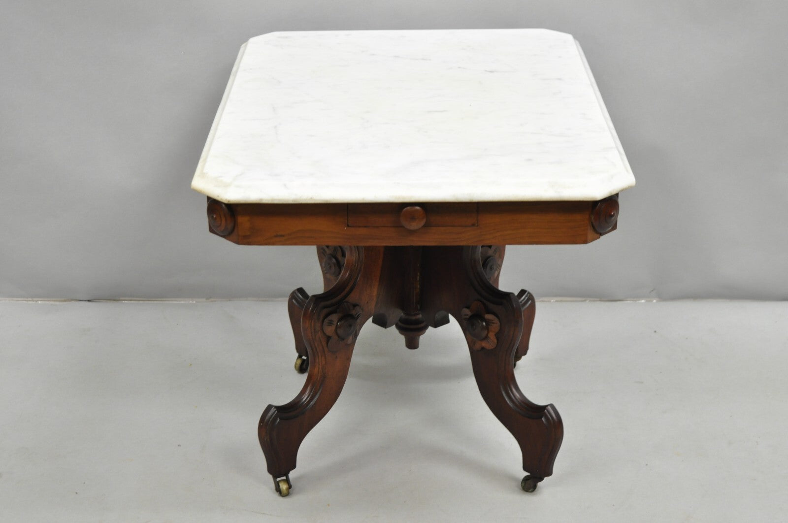Antique Eastlake Victorian Small Marble Top Pedestal Base Coffee Table w/ Drawer