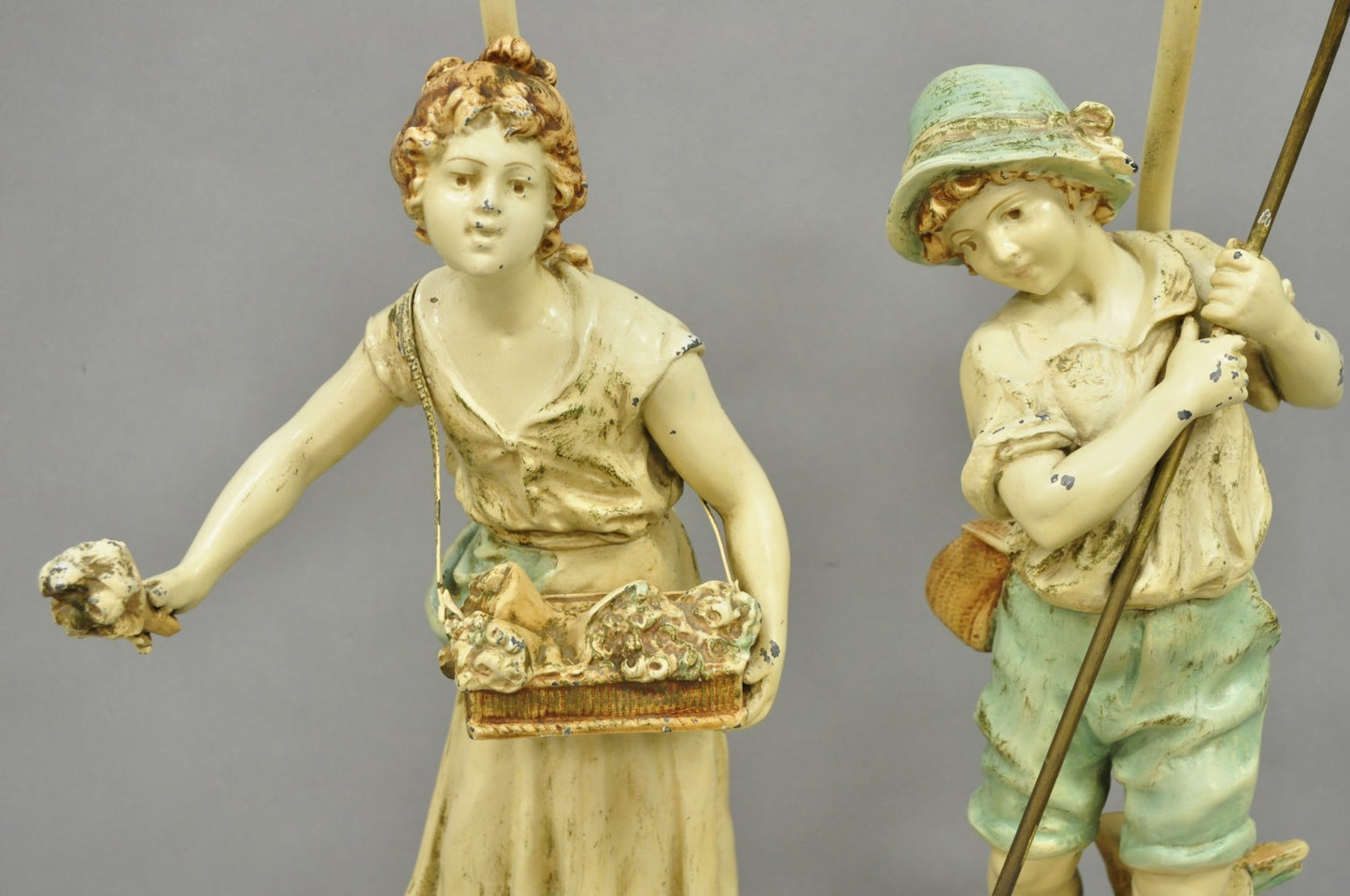 Vintage French Renaissance Moreau Metal Boy and Girl Figural Table Lamp - a Pair