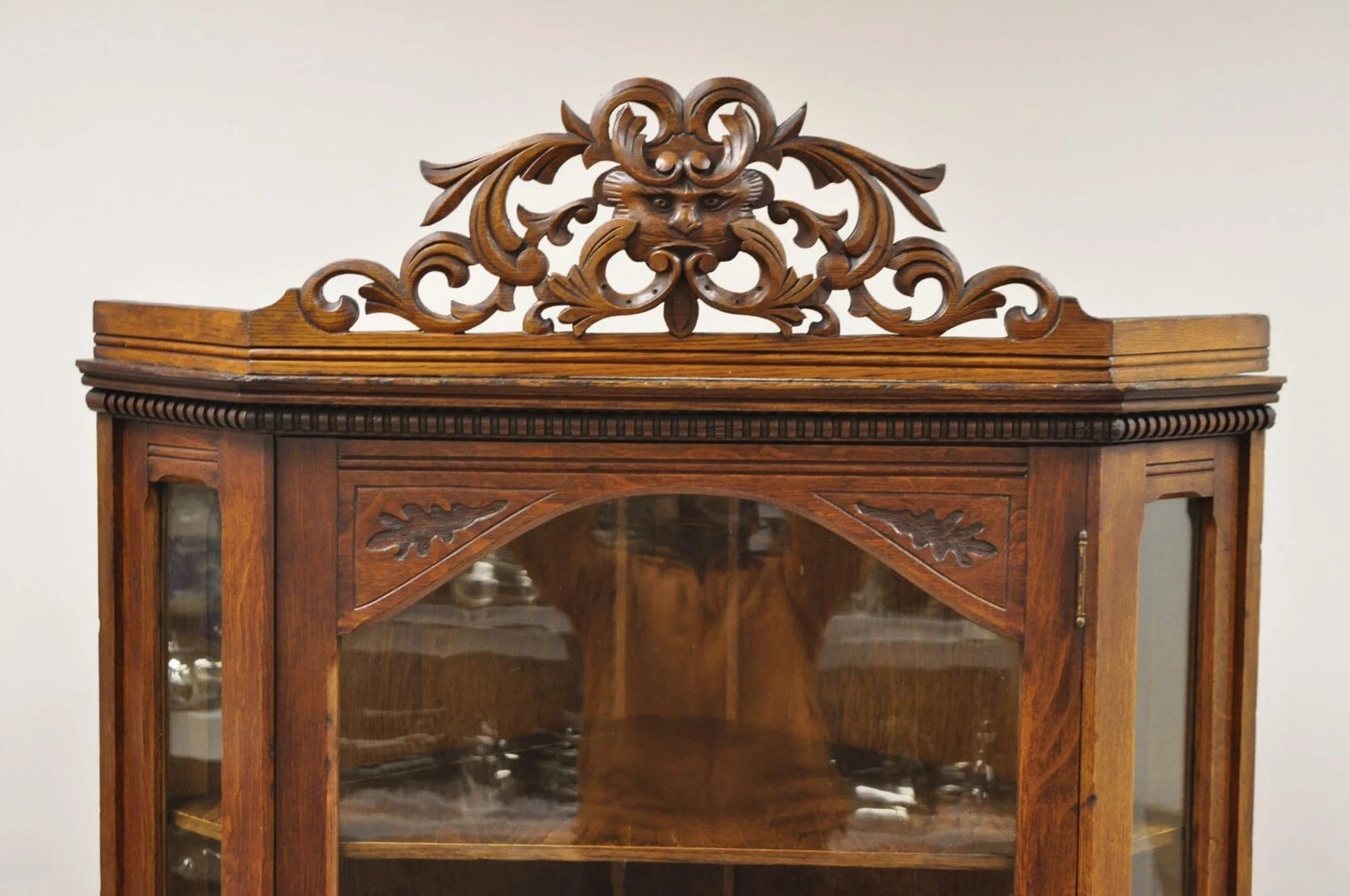 Antique Victorian Renaissance Oak Glass Door Carved Curio Corner China Cabinet