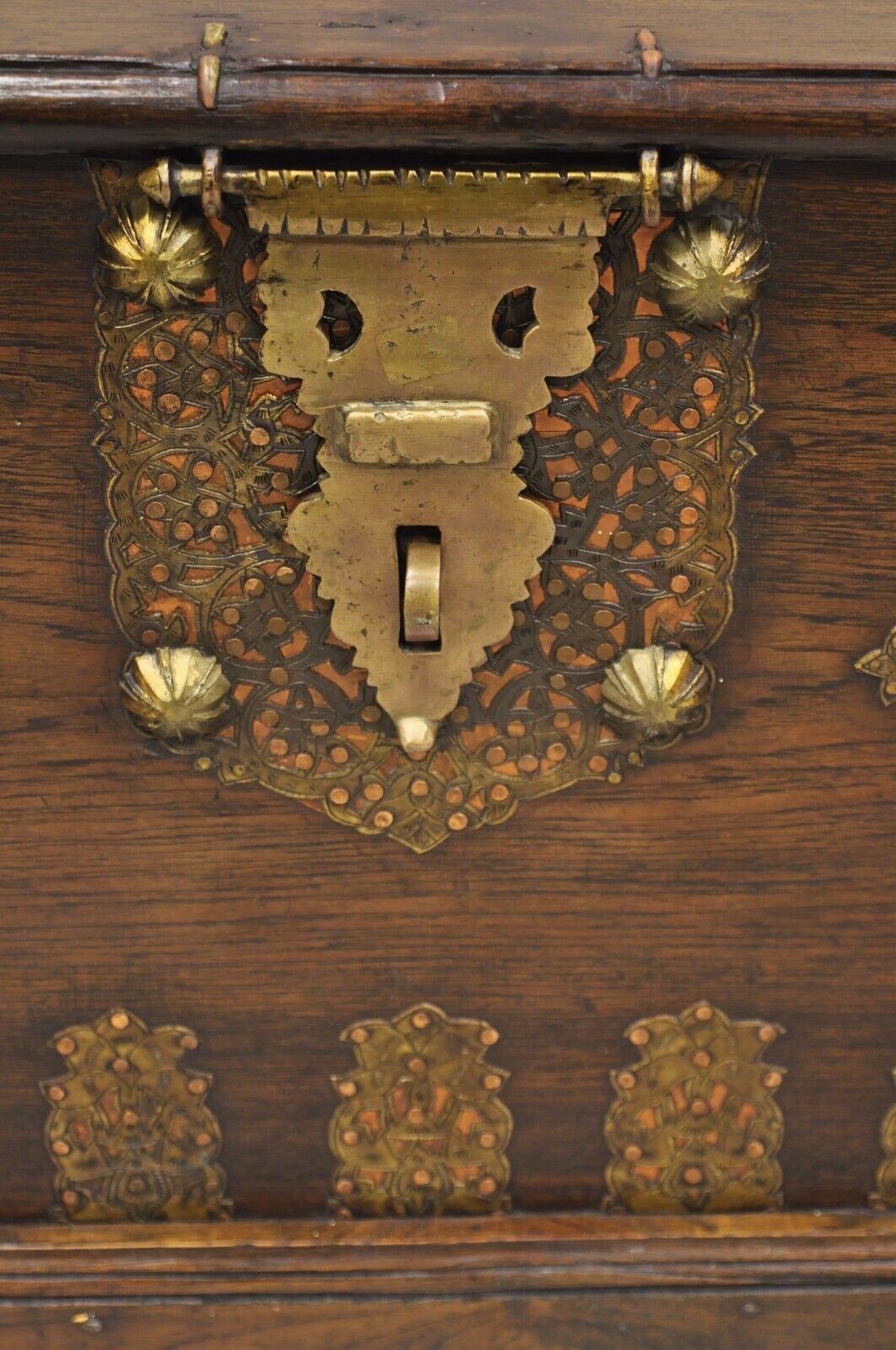 Antique Oak Wood & Brass Mounted Syrian Coffer Blanket Chest Trunk