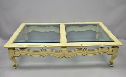 Vintage French Provincial Style Beveled Glass Cream Painted Large Coffee Table