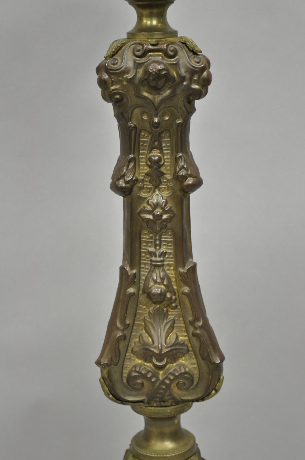 Antique French Renaissance Figural Brass Repousse Tall Candlestick Table Lamp