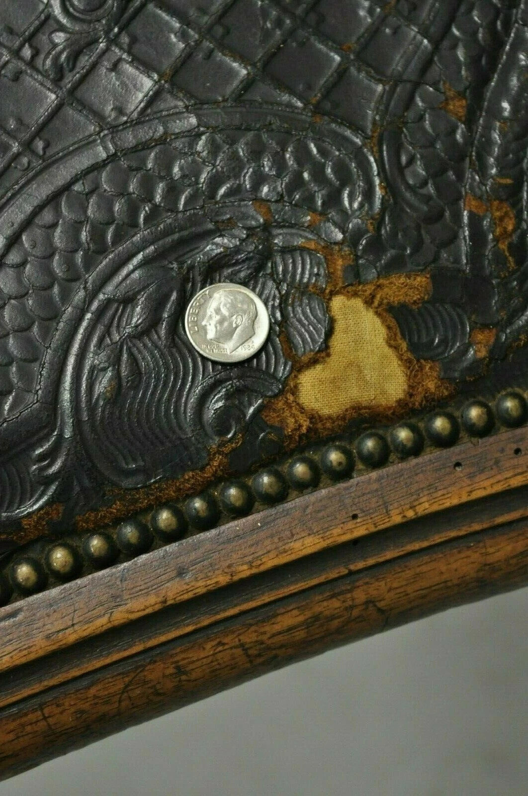 Antique French Louis XV Style Brown Embossed Leather Walnut Dining Side Chair A