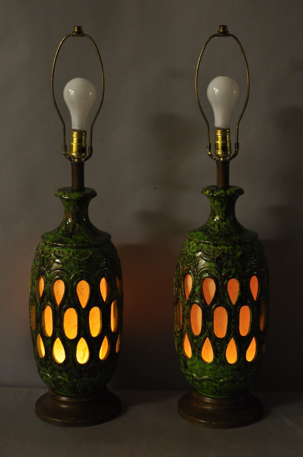 Vintage Mid Century Modern Green Lava Glazed Ceramic Pierced Table Lamps - Pair