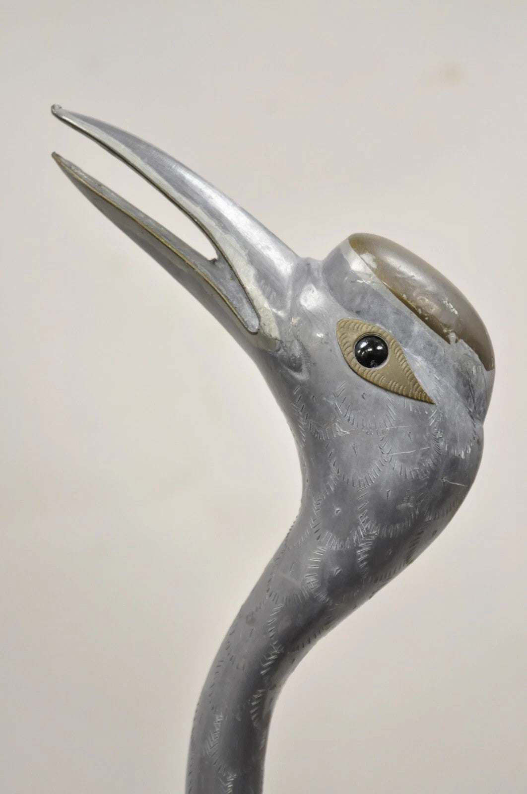 Vintage Hollywood Regency Pewter Metal 27" Crane Bird Garden Statue Hong Kong