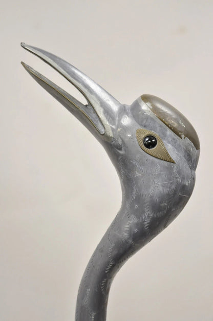 Vintage Hollywood Regency Pewter Metal 27" Crane Bird Garden Statue Hong Kong