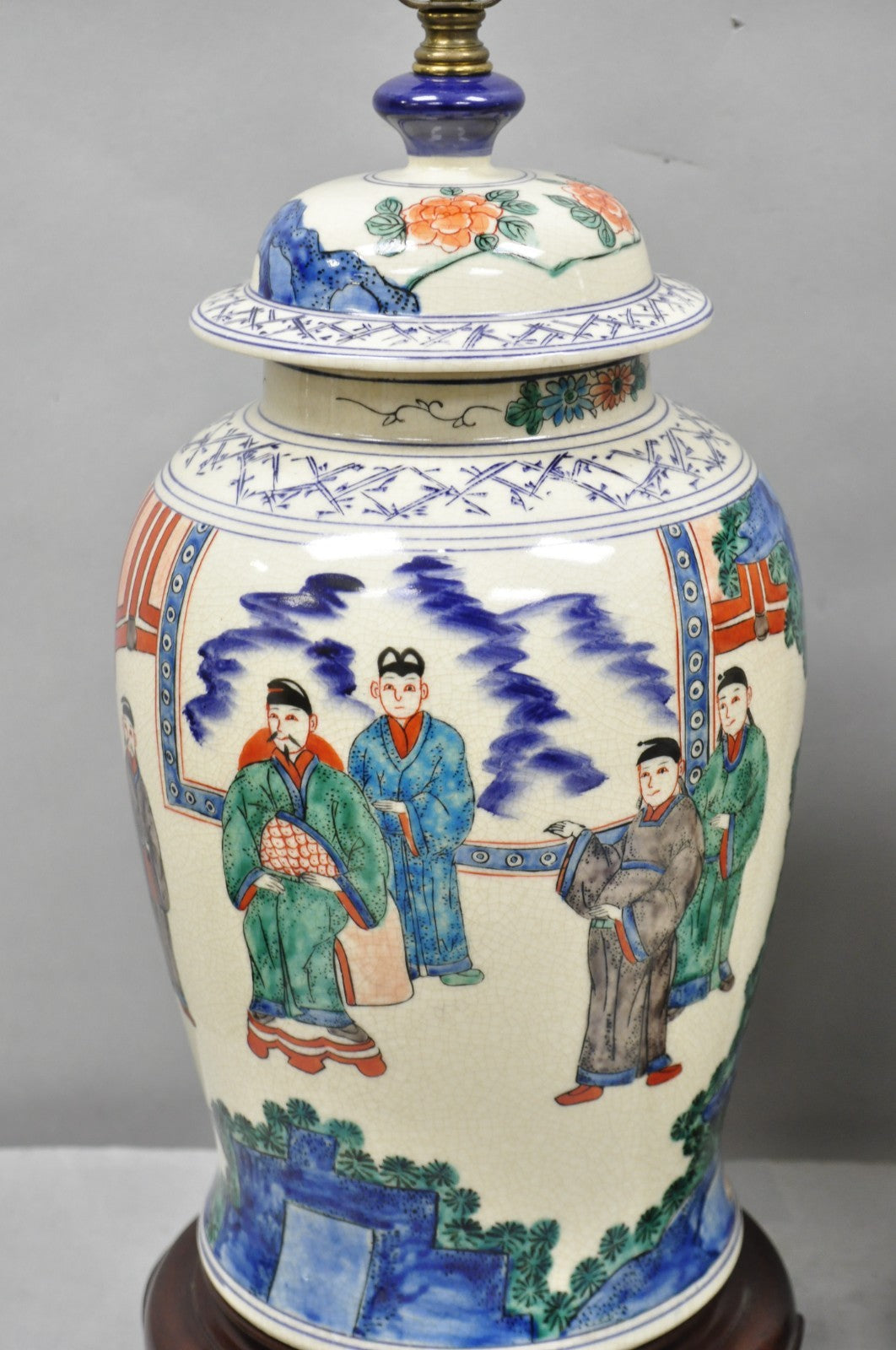 Vintage Chinoiserie Oriental Oatmeal Ginger Jar Ceramic Table Lamps - a Pair