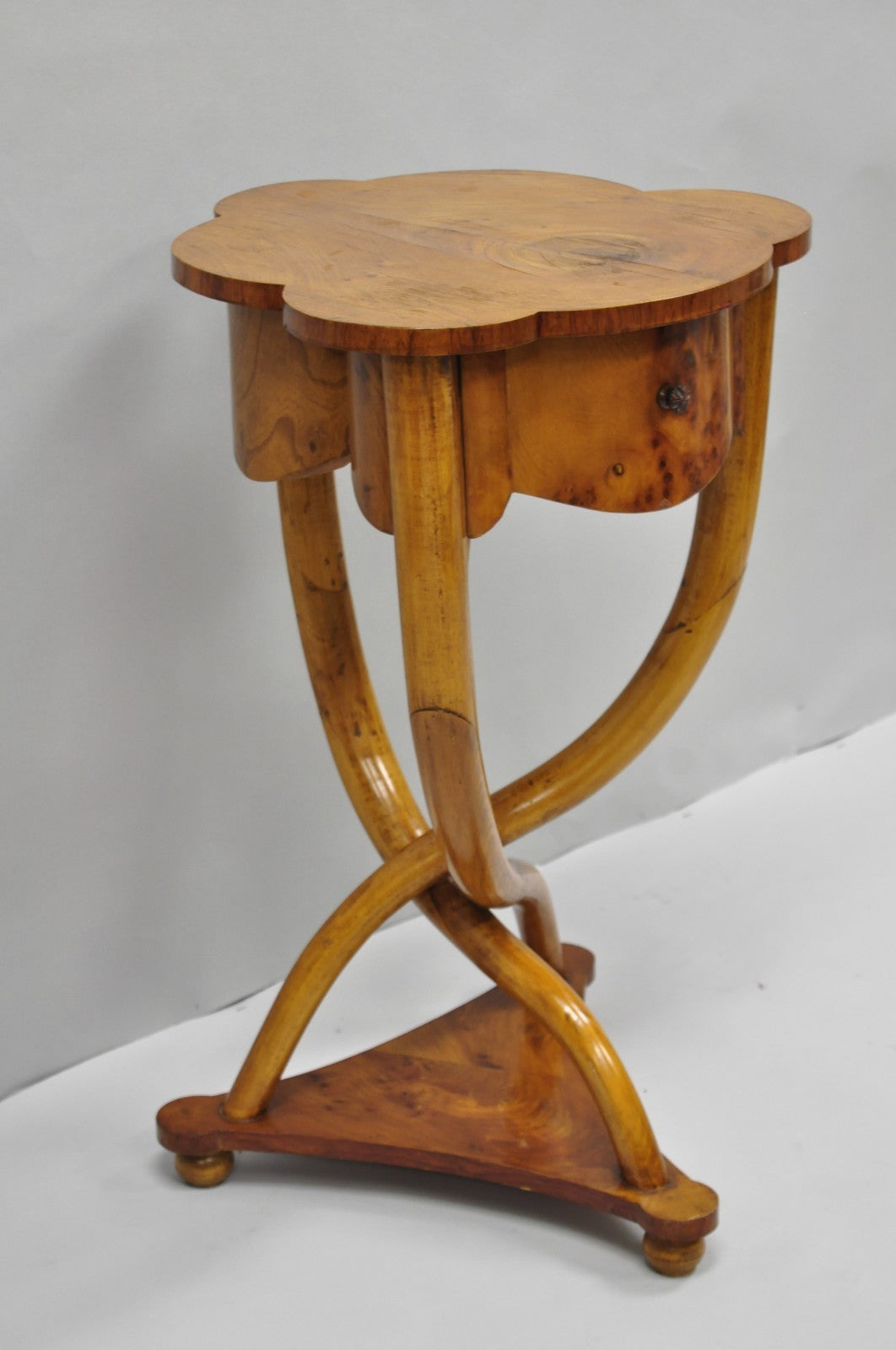 Vintage Art Deco Style Burr Walnut Curved Leg Pedestal One Drawer Side Table
