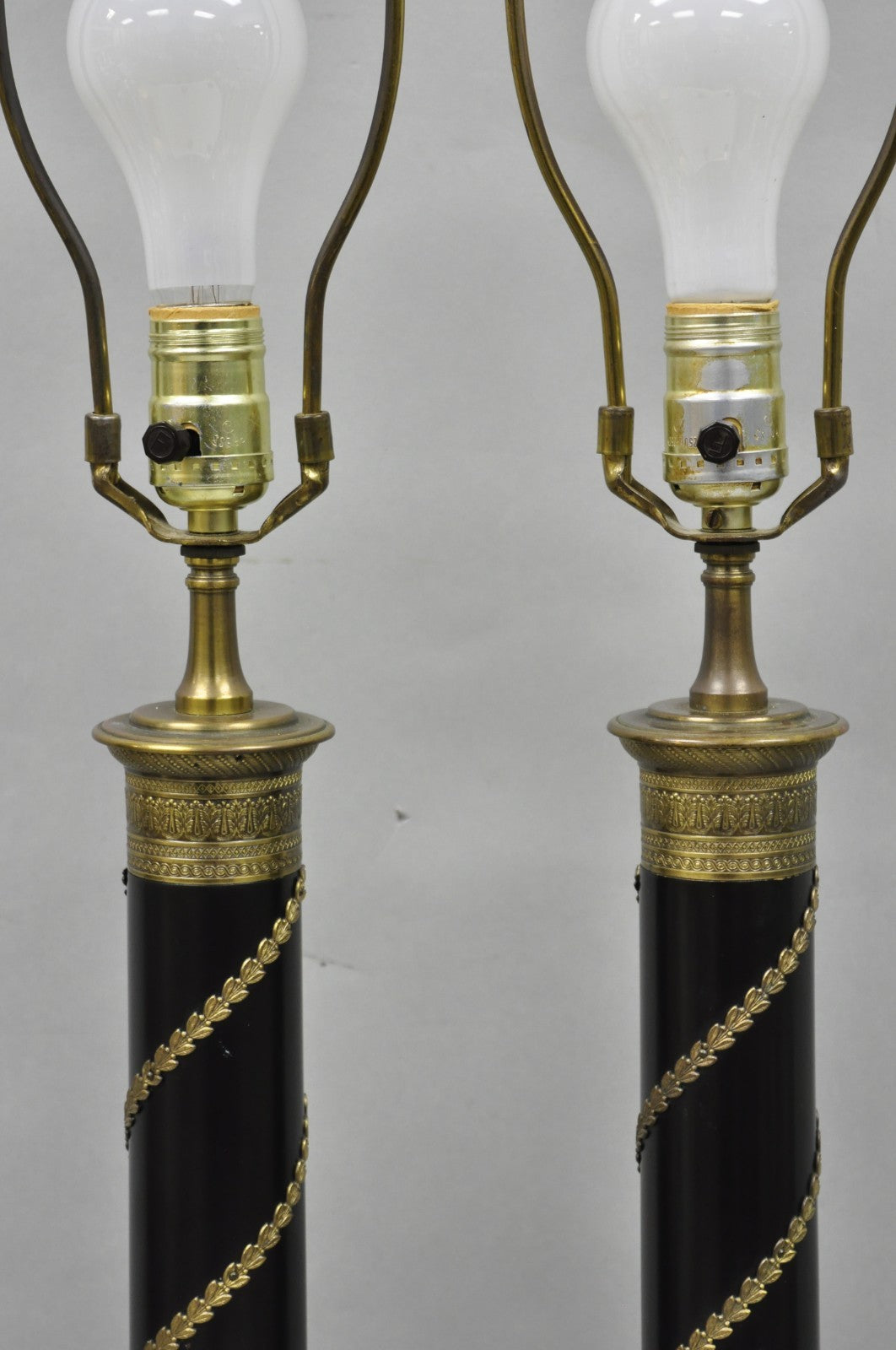 Vintage French Empire Style Black Column Brass Ormolu Bouillotte Table Lamp Pair
