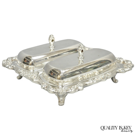 Vintage Poole Lancaster Rose Victorian Silver Plated Twin Double Butter Dish (B)