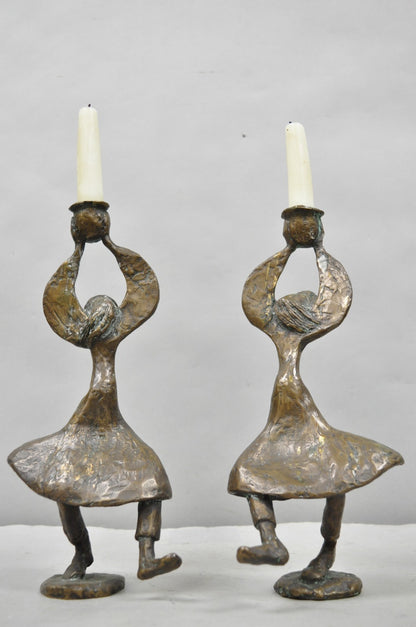 Vintage Brutalist Bronze Figural Dancing Rabbi Judaica Candlesticks - a Pair