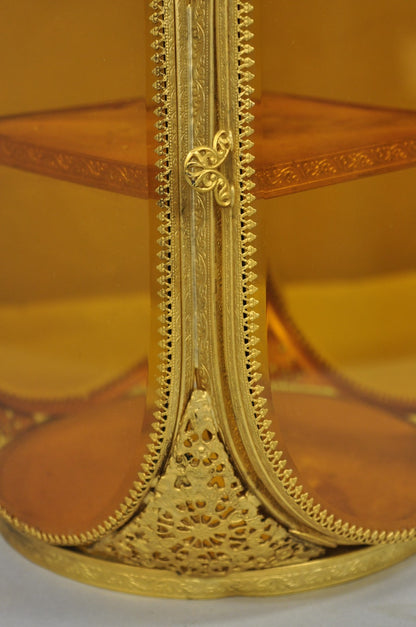 Vintage French Victorian Amber Glass Gold Filigree Vanity Jewelry Box Casket