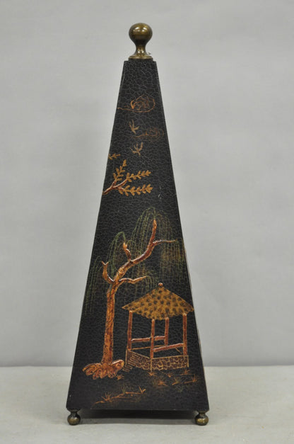 Castillian Imports Chinoiserie Black Lacquer Oriental Painted Obelisk Pyramid