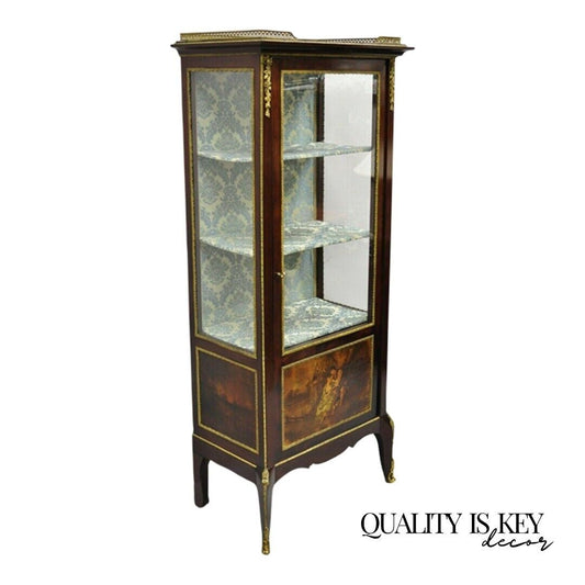 Antique French Louis XV Style Bronze Mount Hand Painted Curio Display Cabinet